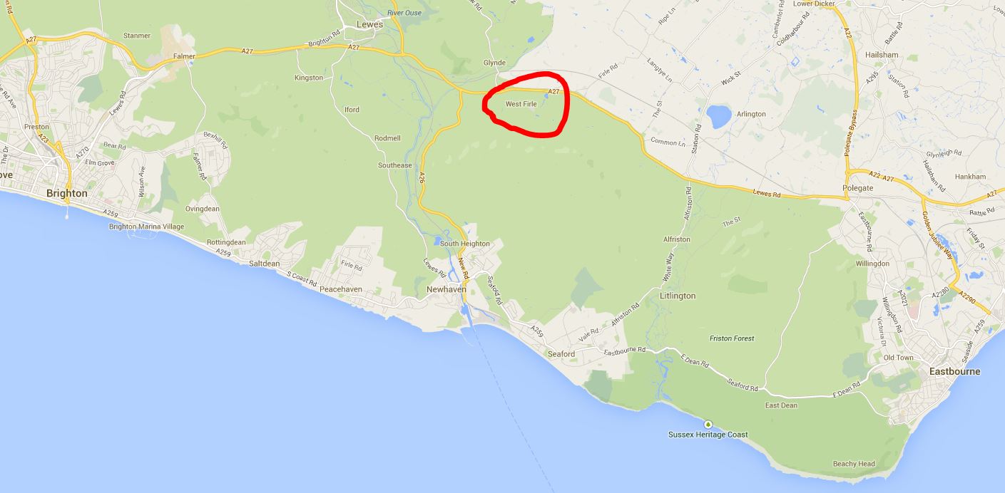 Off the A27 halfway between Brighton and Eastbourne